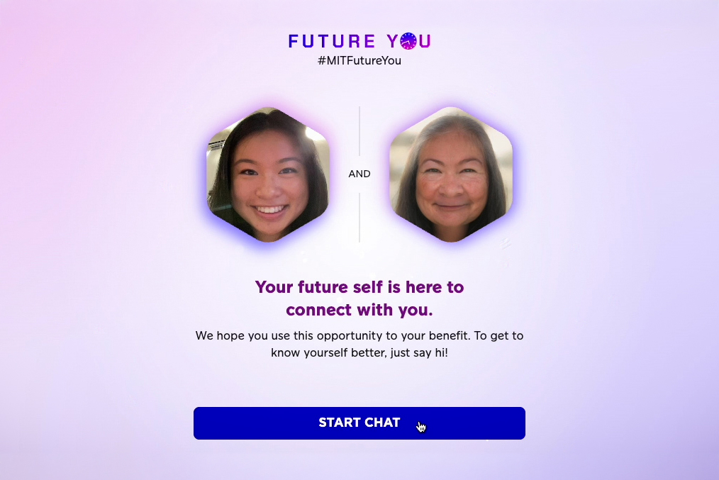 Side-by-side image of a young woman and an AI-generated projection of her future self, part of MIT’s “Future You” project.