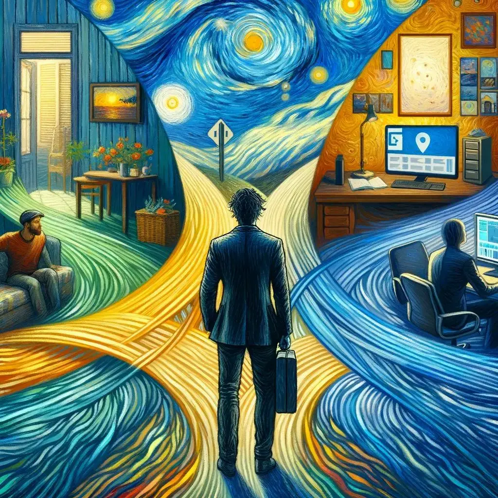 Van Gogh-style image with swirling skies and a man in a suit holding a briefcase, standing at the center.