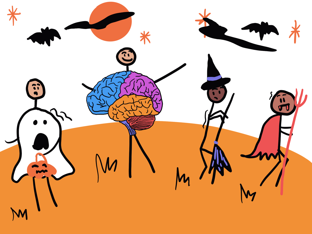 Stick figures dressed as a ghost, witch, and devil are spooked by a brain costume. 
