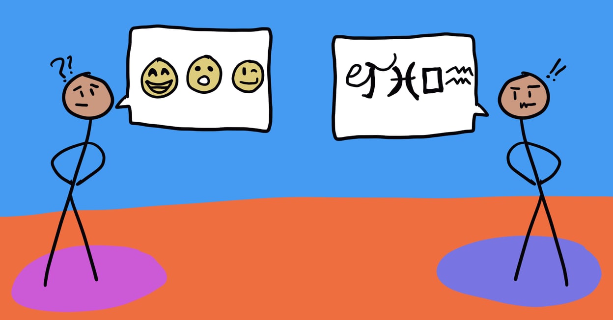 Two stick figures looking confused, with speech bubbles coming out of their mouths. One speech bubble is full of emojis; the other has Wingdings font.